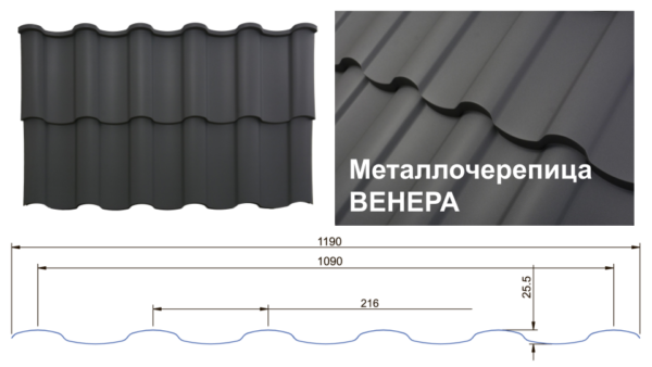Металочерепиця Венера / Arvedi / 0,5 мм / PEMA — RAL 7024 — изображение 3